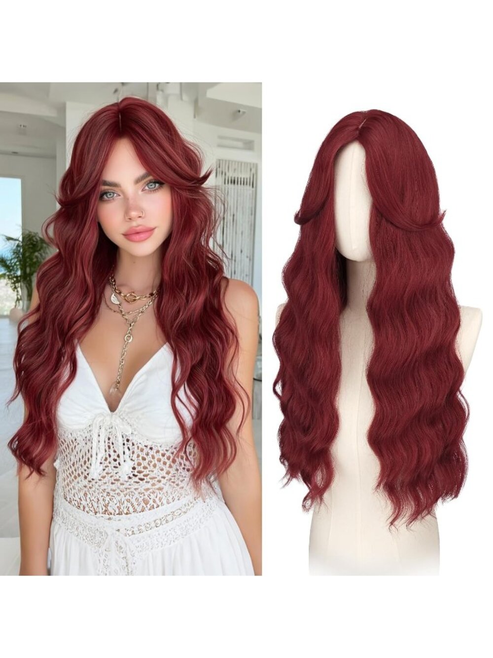 Women's Red 26 Inch Heat Resistant Curtain Bangs Long Wavy Wigs